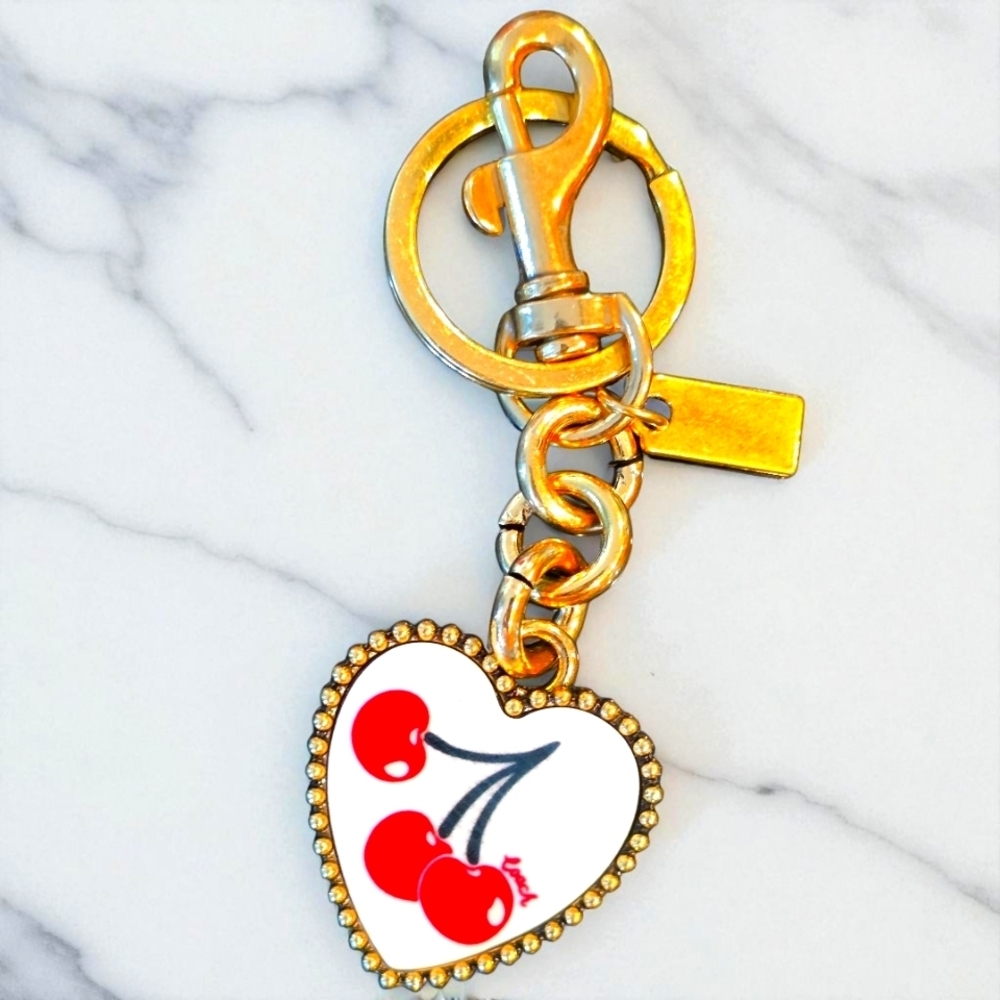 Elegant Gold and Red Cherry Heart Decorative Charm Keyholder